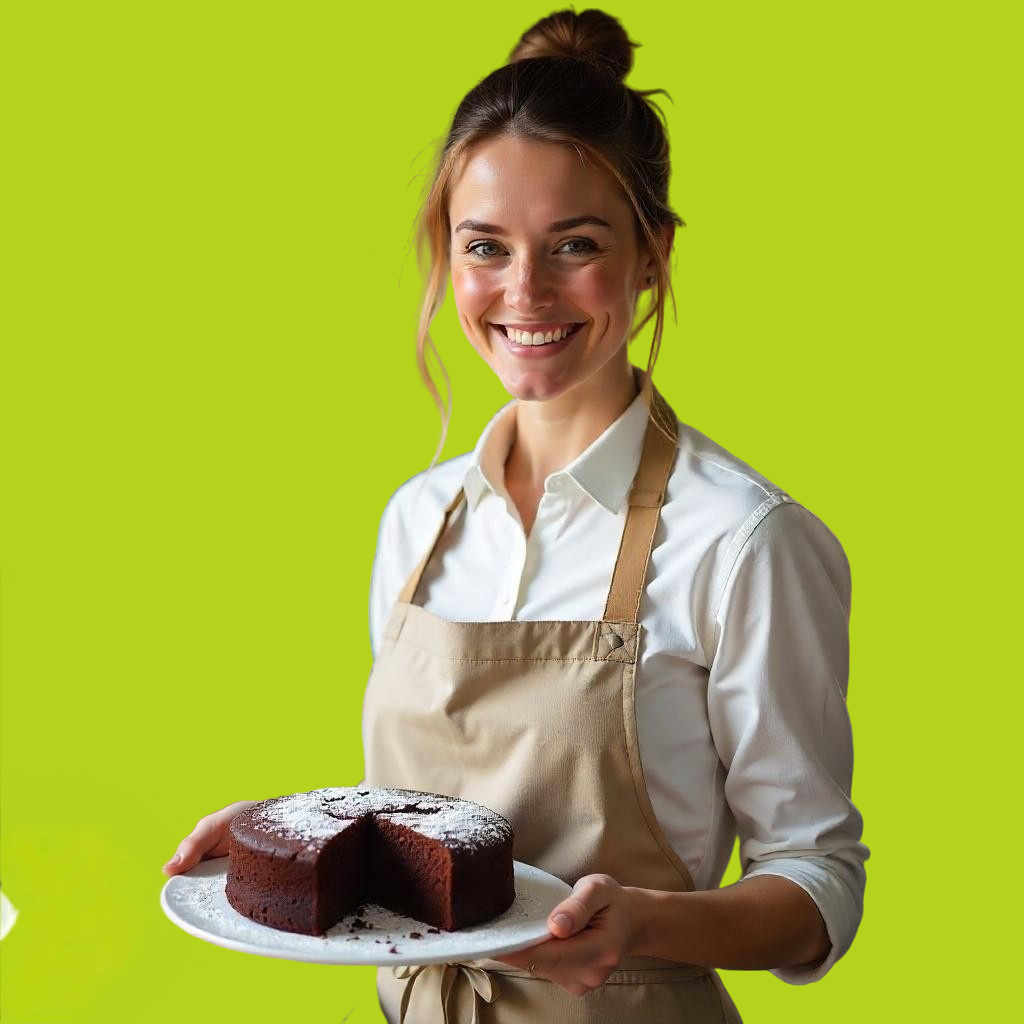 Smiling woman in apron holding a homemade chocolate cake with powdered sugar on top, against a bright green background