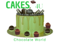 Cakes4U logo featuring a green chocolate drip cake with assorted toppings and truffles, tagline "Chocolate World" for chocolate cake and dessert lovers