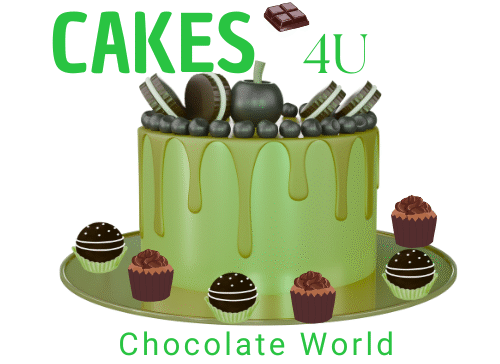 cropped-logo-cakes4y-1.png Cakes4U logo featuring a green chocolate drip cake with assorted toppings and truffles, tagline "Chocolate World" for chocolate cake and dessert lovers