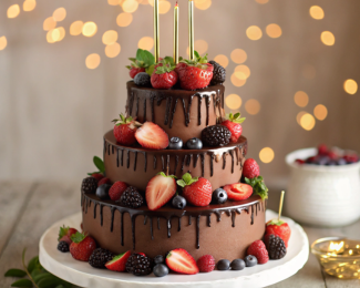 Three-tier chocolate drip cake topped with fresh berries, gold leaf, and lit sparklers on a rustic stand against warm bokeh lights,perfect occasion chocolate cake.